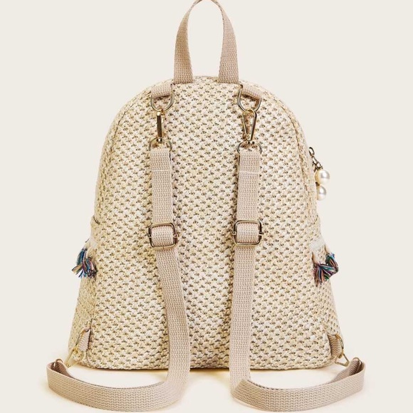 Boho Cream Straw Tassel Zipper Mini Backpack - Picture 4 of 5